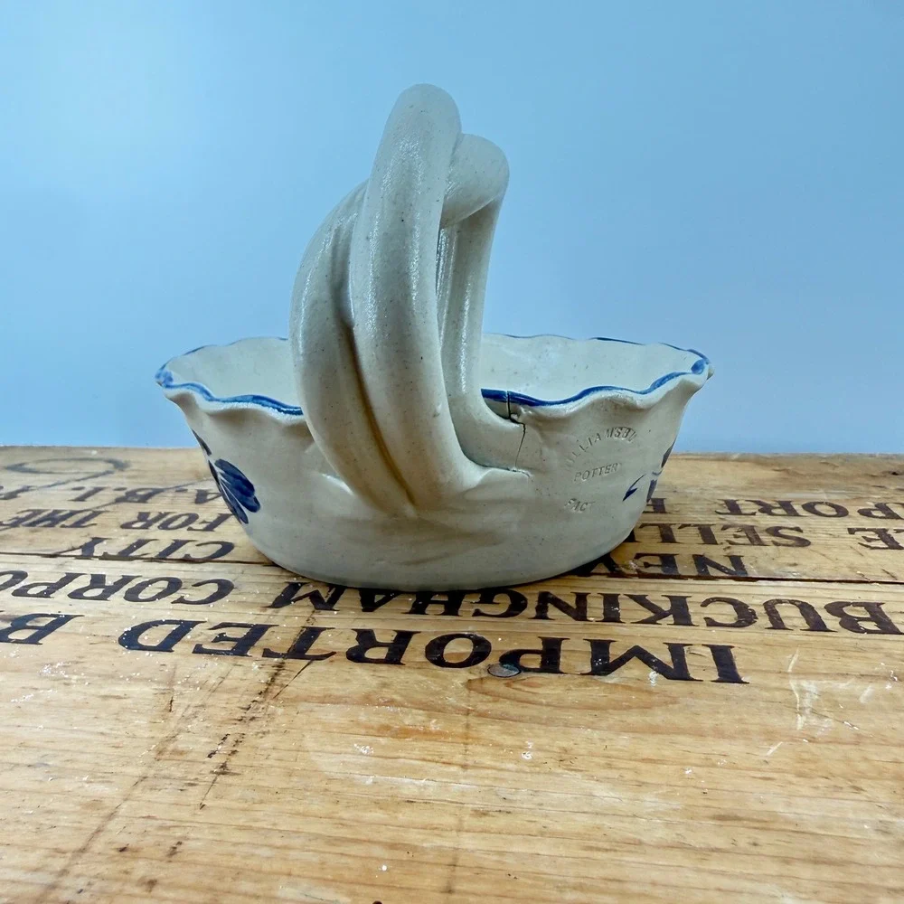 Williamsburg Pottery Chamberstick Candle Holder Cream Blue Floral Stoneware